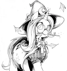 Size: 6108x6504 | Tagged: safe, artist:alts-art, derpibooru import, trixie, pony, unicorn, absurd resolution, cute, diatrixes, female, glasses, grayscale, inktober, looking at you, mare, monochrome, mouth hold, simple background, solo, traditional art, wand, white background