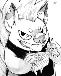 Size: 3331x4151 | Tagged: artist:alts-art, cake, derpibooru import, food, grayscale, grubber, inktober, looking at you, male, monochrome, my little pony: the movie, safe, solo, traditional art