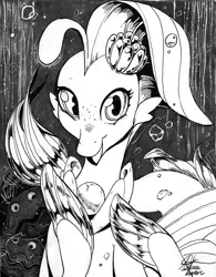 Size: 3262x4175 | Tagged: safe, artist:alts-art, derpibooru import, princess skystar, shelldon, shelly, seapony (g4), my little pony: the movie, bubble, cute, female, fin wings, fins, flower, flower in hair, grayscale, happy, high res, image, inktober, jewelry, jpeg, looking at you, monochrome, necklace, ocean, open mouth, pearl necklace, seaquestria, signature, smiling, smiling at you, solo, swimming, traditional art, underwater, water, wings