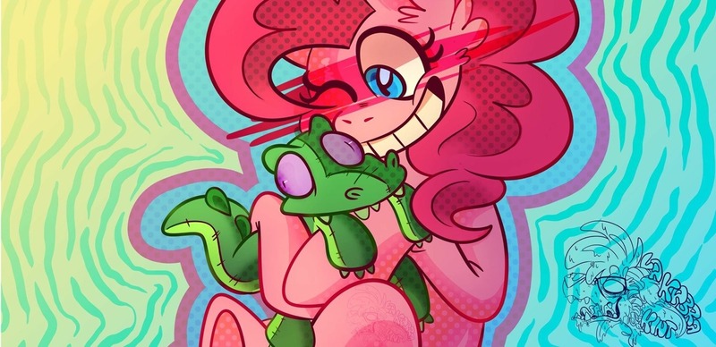 Size: 1280x620 | Tagged: safe, artist:kintmatsu, derpibooru import, gummy, pinkie pie, earth pony, pony, abstract background, ear fluff, female, mare, one eye closed, plushie, smiling, solo