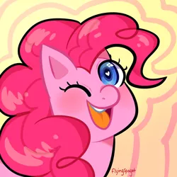 Size: 1280x1280 | Tagged: safe, artist:flyingspaget, derpibooru import, pinkie pie, earth pony, pony, abstract background, cute, diapinkes, female, heart eyes, looking at you, mare, one eye closed, open mouth, smiling, solo, wingding eyes, wink