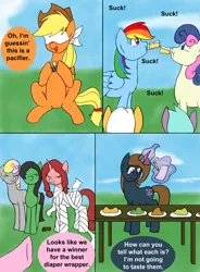 Size: 1000x1359 | Tagged: safe, artist:emilou1985, derpibooru import, applejack, bon bon, rainbow dash, sweetie drops, oc, pony, comic:signs, baby bottle, baby shower, blindfold, comic, pacifier