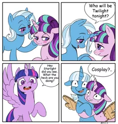 Size: 1930x2036 | Tagged: suggestive, artist:gela-g-i-s-gela, derpibooru import, starlight glimmer, trixie, twilight sparkle, twilight sparkle (alicorn), alicorn, pony, unicorn, alternate hairstyle, bedroom eyes, blushing, cardboard, cardboard wings, clothes, comic, cosplay, costume, dialogue, fake wings, female, floppy ears, grin, holding hooves, horn, horns are touching, hug, lesbian, lidded eyes, looking away, mare, nervous, raised hoof, roleplaying, shipping, shocked, simple background, smiling, spread wings, startrix, sweat, twistarlight, twixie, twixstar, wavy mouth, white background, wide eyes, wings
