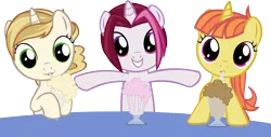 Size: 4862x2469 | Tagged: safe, artist:ironm17, derpibooru import, cayenne, citrus blush, sweet biscuit, pony, unicorn, drinking, female, filly, grin, looking at you, milkshake, milkshake ponies, simple background, singing, smiling, transparent background, trio, vector