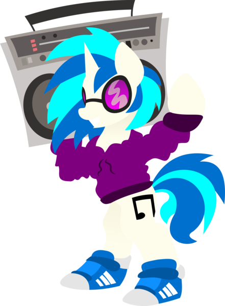 Size: 2126x2891 | Tagged: safe, artist:anonymousnekodos, derpibooru import, vinyl scratch, pony, unicorn, bipedal, boombox, clothes, cutie mark, female, grin, high res, hoodie, hooves, horn, lineless, mare, minimalist, modern art, shoes, simple background, smiling, sneakers, solo, sunglasses, transparent background