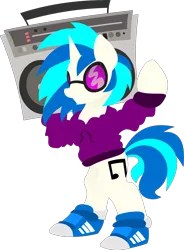 Size: 2126x2891 | Tagged: safe, artist:anonymousnekodos, derpibooru import, vinyl scratch, pony, unicorn, bipedal, boombox, clothes, cutie mark, female, grin, high res, hoodie, hooves, horn, lineless, mare, minimalist, modern art, shoes, simple background, smiling, sneakers, solo, sunglasses, transparent background