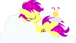 Size: 1540x881 | Tagged: safe, artist:anonymousnekodos, derpibooru import, oc, oc:shockwave, unofficial characters only, pegasus, pony, cloud, cocktail, cutie mark, eyes closed, female, hooves, lineless, lying down, mare, on a cloud, piña colada (drink), simple background, solo, transparent background, tray