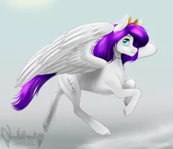 Size: 1024x886 | Tagged: safe, artist:noodlefreak88, derpibooru import, oc, oc:kei, unofficial characters only, pegasus, pony, commission, female, horns, mare, purple hair, purple mane, purple tail, signature, solo, trotting, white coat