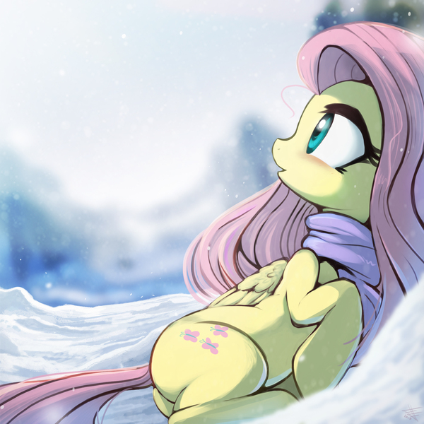 Size: 2000x2000 | Tagged: safe, artist:fidzfox, derpibooru import, fluttershy, pegasus, pony, blushing, clothes, cute, female, folded wings, head turn, looking away, looking up, mare, open mouth, plot, scarf, shyabetes, snow, solo, sweet dreams fuel, wings, winter, wintershy