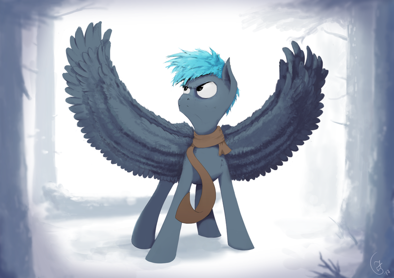 Size: 1380x975 | Tagged: safe, artist:road75, derpibooru import, oc, oc:alternate, unofficial characters only, pegasus, pony, clothes, male, scarf, solo, spread wings, stallion, wings