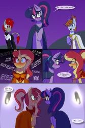 Size: 1500x2250 | Tagged: safe, artist:jase1505, deleted from derpibooru, derpibooru import, sci-twi, sunset shimmer, twilight sparkle, oc, ponified, earth pony, pony, unicorn, comic:night at the gala, series:sunlight horizons, blushing, clothes, comic, dress, equestria girls ponified, female, gala dress, leonine tail, lesbian, looking at each other, male, mare, scitwishimmer, shipping, stallion, sunsetsparkle, unicorn sci-twi