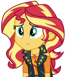 Size: 1760x2048 | Tagged: safe, artist:fella, derpibooru import, sunset shimmer, a fine line, equestria girls, equestria girls series, female, geode of empathy, leather vest, magical geodes, not happy, simple background, solo, transparent background, worried