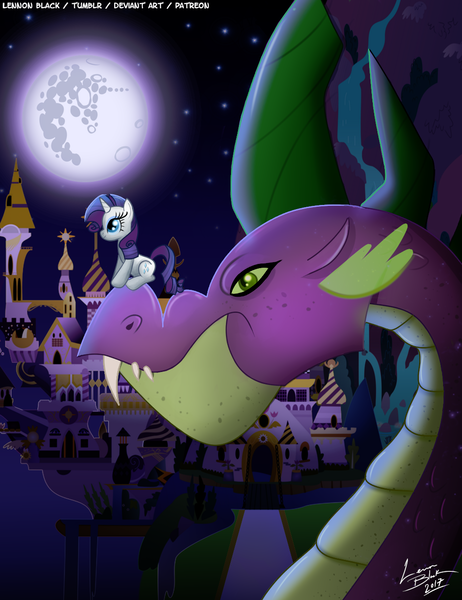 Size: 1000x1300 | Tagged: safe, artist:lennonblack, derpibooru import, rarity, spike, dragon, pony, unicorn, canterlot, female, male, mare in the moon, moon, night, scenery, shipping, signature, sitting, sparity, spikezilla, stars, straight