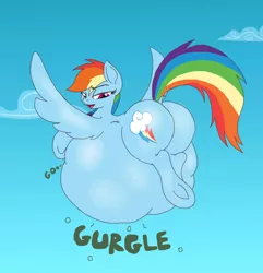 Size: 1353x1401 | Tagged: grimdark, suggestive, artist:rusticpony, derpibooru import, rainbow dash, pegasus, pony, belly, big belly, colored, digestion, female, fetish, flying, huge butt, impossibly large belly, kitchen eyes, large butt, mare, plot, preddash, rainbutt dash, sexy, sky, solo, solo female, stomach noise, stupid sexy rainbow dash, the ass was fat, underhoof, vore