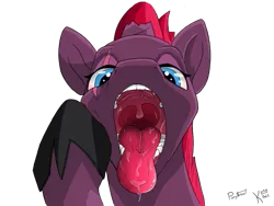 Size: 645x486 | Tagged: safe, artist:kingkrail, artist:ponythroat, artist:yannerino, color edit, derpibooru import, edit, fizzlepop berrytwist, tempest shadow, pony, my little pony: the movie, colored, fetish, horseshoes, human teeth, mawshot, mouth, open mouth, simple background, tongue out, transparent background, uvula, visible eyes