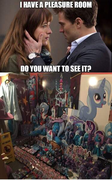 Size: 753x1207 | Tagged: artist:ramivic, christian grey, derpibooru import, fifty shades of grey, fursuit, human, image macro, irl, irl human, meme, photo, plushie, safe, treasure room, trixie