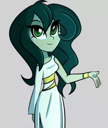 Size: 750x885 | Tagged: safe, artist:wubcakeva, derpibooru import, oc, oc:medusa, unofficial characters only, medusa, equestria girls, clothes, cute, dress, equestria girls-ified, female, gray background, green eyes, simple background, smiling, solo