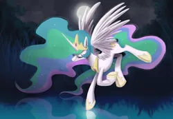 Size: 3194x2216 | Tagged: safe, artist:adailey, derpibooru import, princess celestia, alicorn, pony, eyes closed, female, flying, mare, moon, night, pond, reflection, solo, water