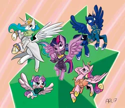 Size: 1024x882 | Tagged: safe, artist:lytlethelemur, derpibooru import, princess cadance, princess celestia, princess flurry heart, princess luna, twilight sparkle, twilight sparkle (alicorn), alicorn, pony, alicorn pentarchy, alicorn tetrarchy, diamond is unbreakable, jojo's bizarre adventure, josuke higashikata, jotaro kujo, koichi hirose, okuyasu nijimura, tomoko higashikata