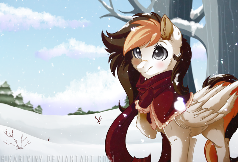 Size: 1024x697 | Tagged: safe, artist:hikariviny, derpibooru import, oc, oc:sweet lullaby, unofficial characters only, pony, female, mare, smiling, snow, solo, tree, winter