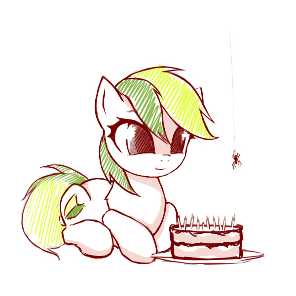 Size: 600x600 | Tagged: safe, artist:rainbow, derpibooru import, oc, unofficial characters only, earth pony, pony, spider, birthday cake, cake, cute, female, food, mare, prone, simple background, smiling, solo, white background