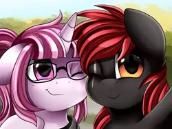 Size: 2379x1783 | Tagged: safe, artist:pridark, derpibooru import, oc, unofficial characters only, pony, unicorn, bust, commission, cute, duo, glasses, one eye closed, portrait, selfie, wink