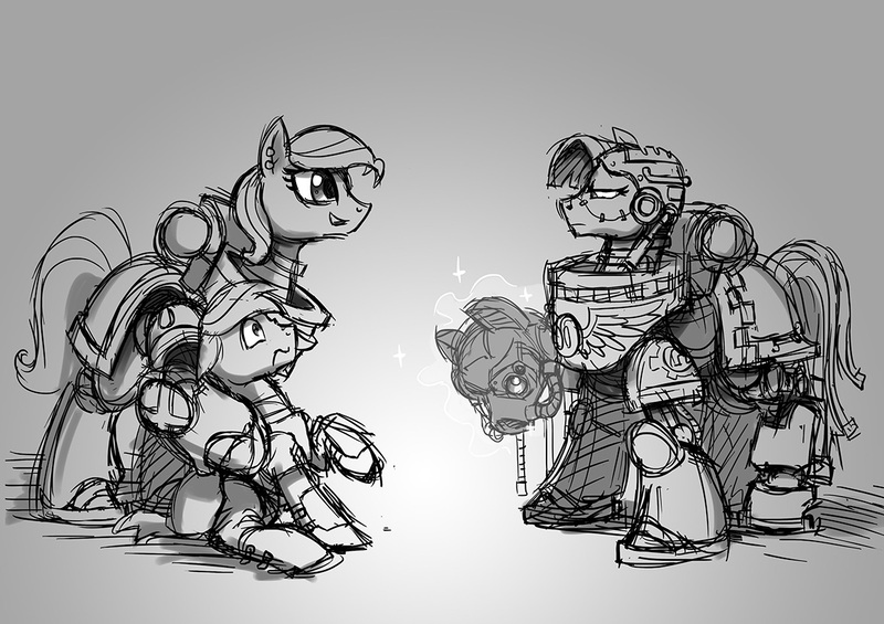 Size: 1158x818 | Tagged: safe, artist:sanity-x, derpibooru import, oc, oc:azure taffy, oc:storm bolt, ponified, unofficial characters only, cyborg, pony, armor, blood angels, female, gray background, grayscale, iron hands, male, mare, monochrome, power armor, powered exoskeleton, simple background, space marine, stallion, tactical squad, warhammer (game), warhammer 40k