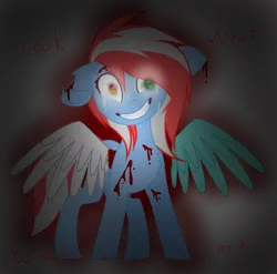 Size: 1456x1436 | Tagged: artist:lynesssan, blood, crying, derpibooru import, evil, grimdark, heterochromia, oc, oc:wind wing, solo, unofficial characters only