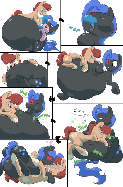 Size: 3300x5000 | Tagged: artist:anonopony, belly, belly bed, burp, comic, cuddling, derpibooru import, digestion, fat, fat fetish, feedee, feeder, feeding, fetish, grimdark, impossibly large belly, multiple prey, oc, oc:optica, oc:reiku, oc:superglue, questionable, snuggling, stomach noise, throat bulge, underhoof, unofficial characters only, vore, wat, weight gain