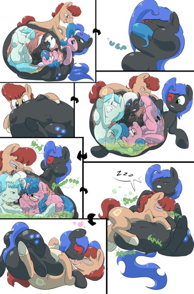 Size: 3300x5000 | Tagged: artist:anonopony, belly, belly bed, burp, comic, cuddling, death, derpibooru import, digestion, fat, fat fetish, feedee, feeder, feeding, fetish, impossibly large belly, melting, multiple prey, oc, oc:nemesis, oc:optica, oc:reiku, oc:superglue, questionable, snuggling, stomach acid, stomach noise, throat bulge, underhoof, unofficial characters only, vore, weight gain, x-ray