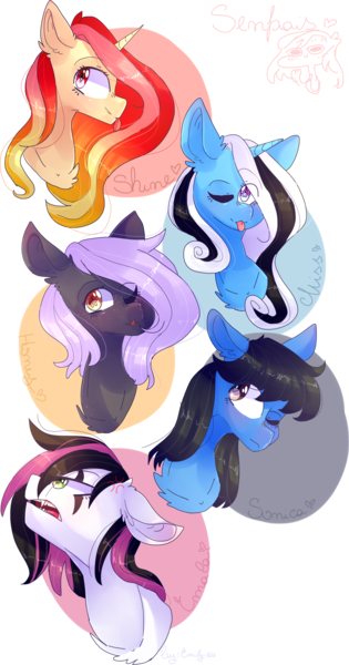 Size: 2698x5136 | Tagged: safe, artist:emily-826, derpibooru import, oc, oc:cloudy night, oc:emala jiss, oc:miss smile, oc:pretty shine, oc:sonica, unofficial characters only, pony, bust, female, high res, mare, one eye closed, portrait, tongue out, wink