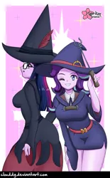 Size: 620x1000 | Tagged: safe, artist:clouddg, derpibooru import, starlight glimmer, twilight sparkle, twilight sparkle (alicorn), equestria girls, belt, breasts, busty starlight glimmer, clothes, cute, dress, duo, glasses, hat, little witch academia, looking at you, one eye closed, side slit, skirt, thighs, twilight's professional glasses, wink, witch, witch hat