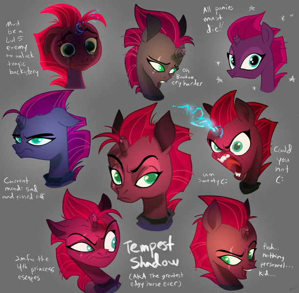 Size: 1824x1788 | Tagged: safe, artist:themarquisofdorks, derpibooru import, tempest shadow, pony, unicorn, my little pony: the movie, angry, broken horn, bust, eye scar, female, horn, looking at you, mare, open mouth, sad, scar, sparking horn