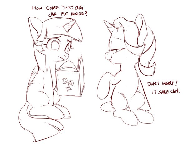 Size: 590x500 | Tagged: suggestive, artist:sion, derpibooru import, starlight glimmer, twilight sparkle, twilight sparkle (alicorn), alicorn, pony, unicorn, absolutely perfect grammar, book, dialogue, duo, female, grammar error, implied sex, lineart, mare, monochrome