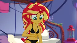 Size: 1280x720 | Tagged: suggestive, derpibooru import, edit, edited screencap, editor:ah96, screencap, sunset shimmer, equestria girls, legend of everfree, belly button, black underwear, bra, breast edit, breasts, cleavage, clothes, female, panties, solo, underwear, underwear edit