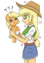 Size: 2893x4092 | Tagged: safe, artist:sumin6301, derpibooru import, applejack, baby applejack, earth pony, human, pony, equestria girls, age difference, baby, baby ponidox, baby pony, babyjack, belt, clothes, confused, cowboy hat, cute, denim skirt, diaper, female, filly, foal, freckles, hat, high res, holding a pony, human ponidox, image, jackabetes, jpeg, looking at each other, self ponidox, skirt, stetson