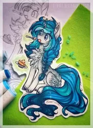 Size: 1161x1592 | Tagged: safe, artist:tenebristayga, derpibooru import, oc, oc:bubble lee, unofficial characters only, pony, unicorn, cake, cheesecake, chest fluff, eating, female, food, mare, solo, traditional art