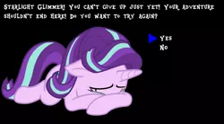 Size: 874x484 | Tagged: black background, continue, crying, derpibooru import, game over, knocked out, mother series, parody, rpg, safe, simple background, solo, starlight glimmer, undertale, video game