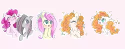 Size: 1236x491 | Tagged: safe, artist:pinkablue, derpibooru import, fluttershy, marble pie, pear butter, pinkie pie, earth pony, pegasus, pony, blushing, bust, cute, floppy ears, flower, flower in hair, happy, line-up, messy mane, portrait, simple background