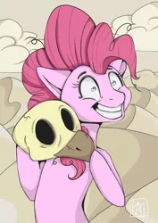 Size: 2894x4093 | Tagged: safe, artist:cluelesstuna, derpibooru import, pinkie pie, earth pony, pony, my little pony: the movie, dead, desert, desert sun madness, female, insanity, mare, scene interpretation, shrunken pupils, skull, solo