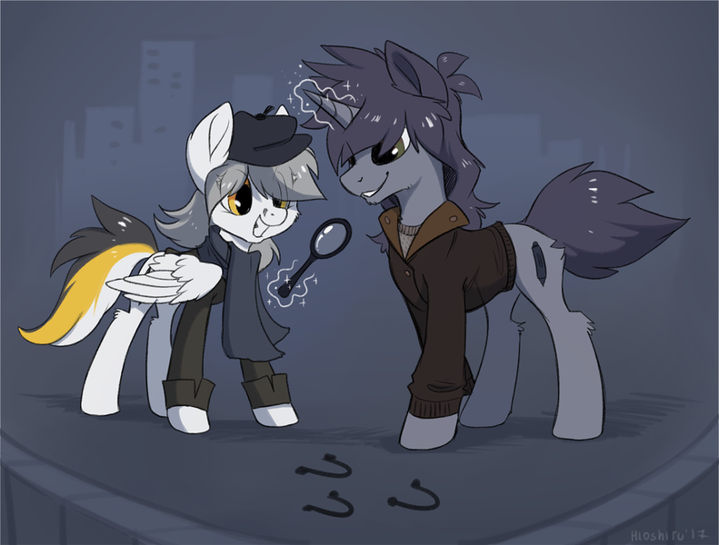 Size: 1280x971 | Tagged: safe, artist:hioshiru, derpibooru import, oc, oc:kate, oc:kej, unofficial characters only, pegasus, pony, unicorn, clothes, couple, detective, female, hat, k+k, magic, magnifying glass, male, mare, oc x oc, rule 63, scarf, shipping, smiling, stallion, straight, telekinesis