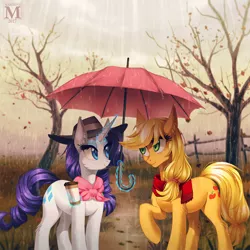 Size: 1200x1200 | Tagged: safe, artist:margony, derpibooru import, applejack, rarity, earth pony, pony, unicorn, autumn, coffee, eye contact, female, glowing horn, grass, lesbian, looking at each other, magic, mare, rain, rarijack, scenery, shipping, smiling, telekinesis, tree, umbrella