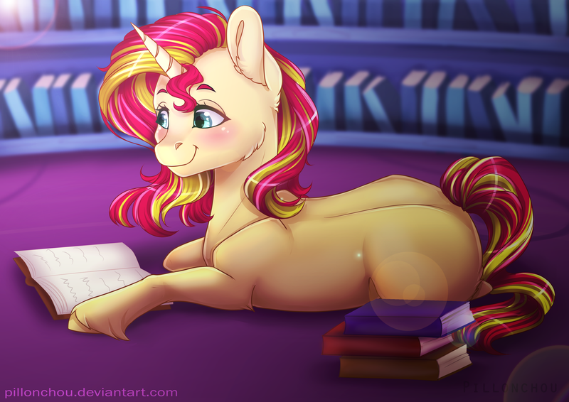 Size: 4092x2893 | Tagged: safe, artist:pillonchou, derpibooru import, sunset shimmer, pony, unicorn, blushing, book, cute, female, high res, library, mare, missing cutie mark, prone, reading, shimmerbetes, sitting, smiling, solo, twilight's castle, unshorn fetlocks