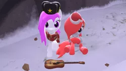 Size: 1920x1080 | Tagged: safe, artist:jujuwilly, derpibooru import, oc, oc:cutie dash, oc:mystery hyperpurple, unofficial characters only, earth pony, pegasus, pony, 3d, clothes, duo, female, guitar, hat, holiday, looking at you, male, mystie, scarf, snow, socks, source filmmaker, ushanka