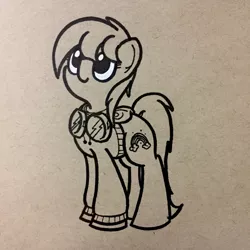 Size: 1334x1334 | Tagged: safe, artist:ashtoneer, derpibooru import, oc, unofficial characters only, pegasus, pony, clothes, cute, error, female, goggles, hoodie, mare, monochrome, sketch, solo, wingless