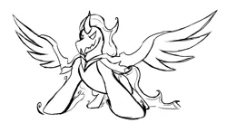 Size: 1499x877 | Tagged: adorabolical, artist:alixnight, black and white, cute, derpibooru import, grayscale, ink sketch, monochrome, pony of shadows, safe, shadorable, shadow play, simple background, smiling, solo, spread wings, white background, wings