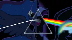 Size: 1920x1080 | Tagged: safe, artist:sofunnyguy, derpibooru import, edit, nightmare moon, princess luna, rainbow dash, ponified, pony, album cover, album parody, female, hipgnosis, implied insanity, pink floyd, ponified album cover, rainbow, the dark side of the moon, triangle, two sides, wallpaper