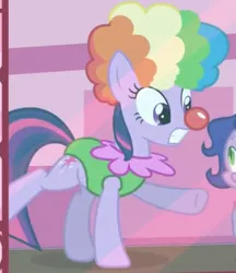 Size: 523x606 | Tagged: clothes, clown, clown nose, clown wig, costume, derpibooru import, dragon, leotard, outfit, outfit catalog, safe, screencap, spike, the ticket master, twilight sparkle, twily the clown, wig