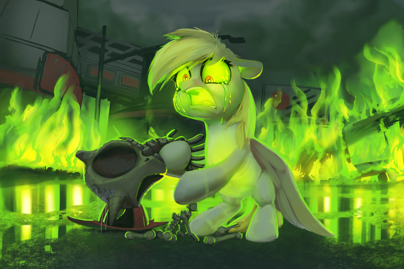 Size: 3000x2000 | Tagged: grimdark, artist:moonlitbrush, derpibooru import, derpy hooves, dinky hooves, ditzy doo, ghoul, glowing one, pegasus, pony, unicorn, comic:derpy deliveries, fallout equestria, balefire, balefire bomb, bone, burning, city, cloud, crying, dark clouds, dead, death, feels, female, fire, fire chief, firefighter, ghoulification, glowing eyes, helmet, hug, manehattan, megaspell, mother and daughter, radiation, sad, skeleton, skull, street, tearjerker, water