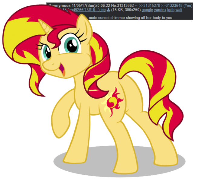 Size: 698x639 | Tagged: safe, artist:dosey--doe, derpibooru import, sunset shimmer, unicorn, /mlp/, 4chan, cute, female, mare, plot, presenting, shimmerbetes, solo, we don't normally wear clothes